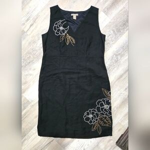 Kenar Linen Blend Dress Size 14 Sleeveless Black Floral Print Semi-Casual Vaca